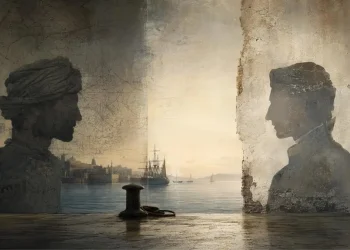 Silhuetas de dois homens, um de turbante e outro à europeia, diante de um porto mediterrânico com veleiros ancorados e uma carta náutica esbatida na parede