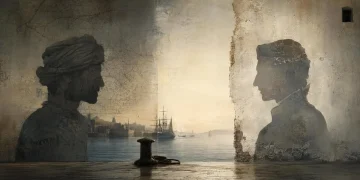 Silhuetas de dois homens, um de turbante e outro à europeia, diante de um porto mediterrânico com veleiros ancorados e uma carta náutica esbatida na parede