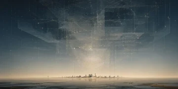 Vasta malha de pontos e linhas douradas que paira no céu e desce sobre uma pequena cidade ao horizonte, banhada por luz dourada e refletida na água