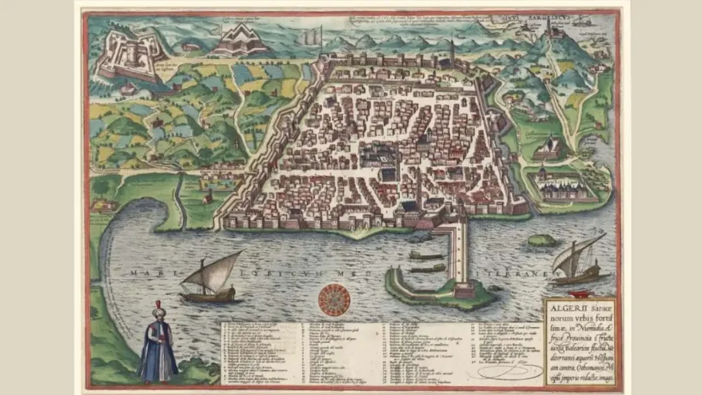 Vista aérea de Argel amuralhada sobre o mar, com galés no porto, gravura de Braun e Hogenberg de 1575
Argel era o centro da língua franca