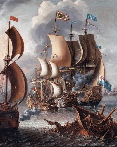 Batalha naval no Mediterrâneo entre navios europeus e galés de corsários berberescos, com fumo de canhão, pintura de cerca de 1681