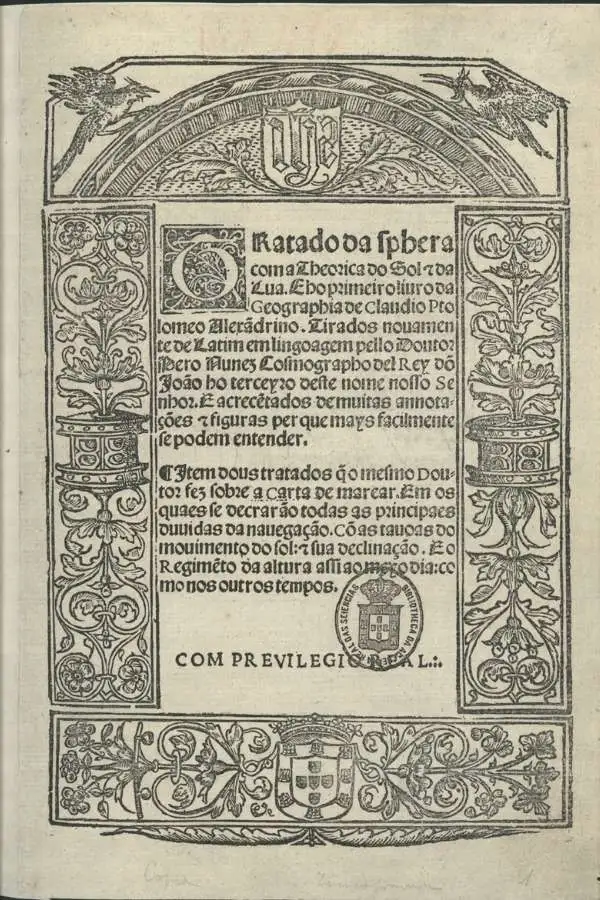 Página do Tratado da Esfera de Pedro Nunes, impresso em Lisboa em 1537, com diagramas de navegação