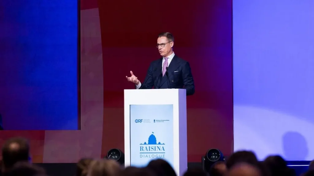 Alexander Stubb, presidente da Finlândia, no discurso de abertura do Raisina Dialogue, em Nova Deli, 2026