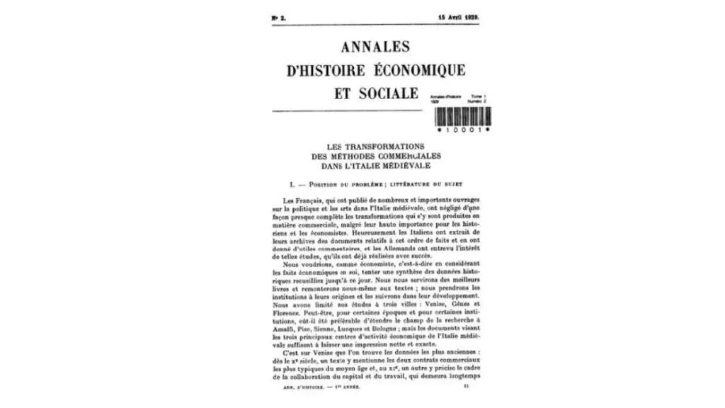 Capa da revista Annales d'histoire économique et sociale de 1929, com os nomes dos diretores Marc Bloch e Lucien Febvre