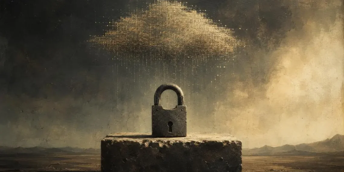 Cadeado antigo sobre pedra, sob nuvem de partículas douradas em queda, com paisagem enevoada ao fundo. imagem ilustra artigo sobre criptografia