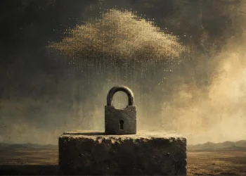 Cadeado antigo sobre pedra, sob nuvem de partículas douradas em queda, com paisagem enevoada ao fundo. imagem ilustra artigo sobre criptografia