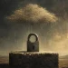 Cadeado antigo sobre pedra, sob nuvem de partículas douradas em queda, com paisagem enevoada ao fundo. imagem ilustra artigo sobre criptografia