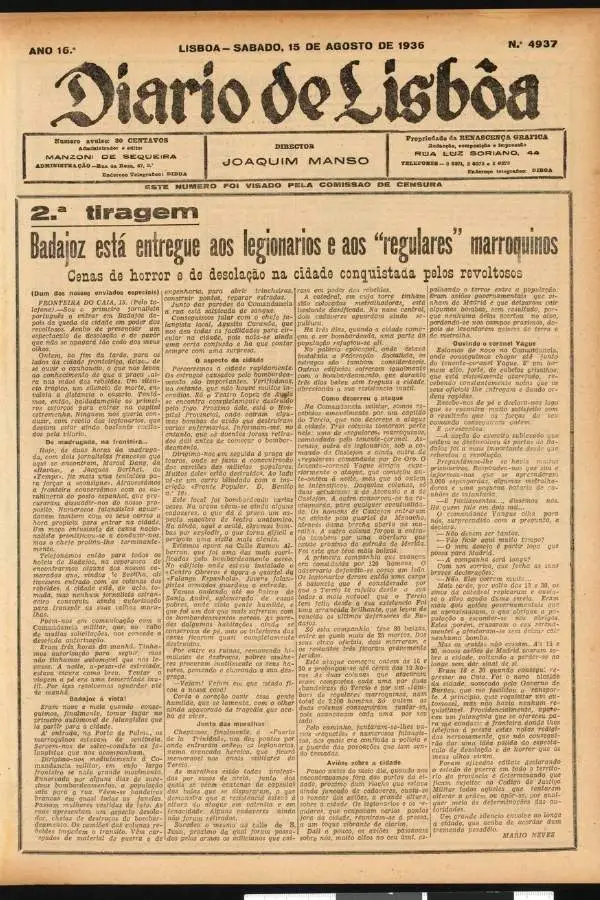Primeira página do Diário de Lisboa de 15 de agosto de 1936, 2.ª tiragem, com a reportagem de Mário Neves sobre a entrada das tropas franquistas em Badajoz
