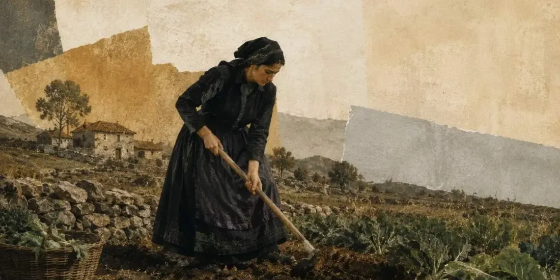 Mulher de luto a sachar uma horta numa aldeia de pedra do noroeste de Portugal