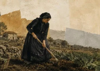 Mulher de luto a sachar uma horta numa aldeia de pedra do noroeste de Portugal