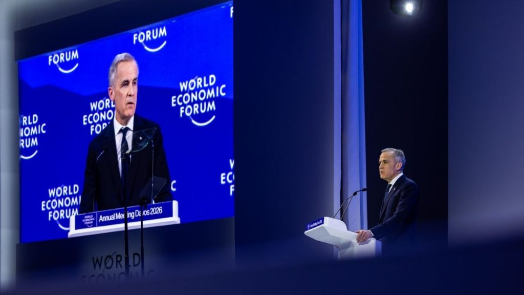 Mark Carney, primeiro-ministro do Canadá, no discurso do Fórum Económico Mundial em Davos, 2026. Potências médias