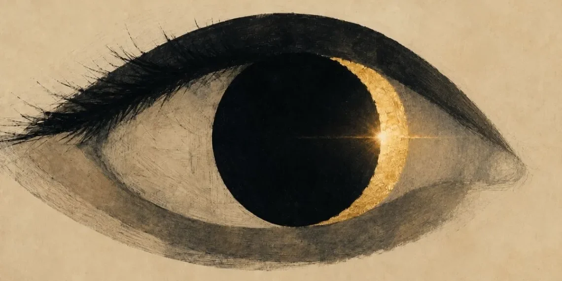 Ilustração de um olho visto de lado, com a íris substituída por um eclipse solar: disco negro com um crescente dourado à direita e um ponto de luz intenso, sobre fundo cor de creme