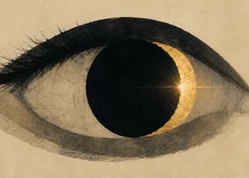 Ilustração de um olho visto de lado, com a íris substituída por um eclipse solar: disco negro com um crescente dourado à direita e um ponto de luz intenso, sobre fundo cor de creme