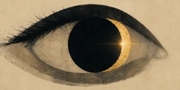 Ilustração de um olho visto de lado, com a íris substituída por um eclipse solar: disco negro com um crescente dourado à direita e um ponto de luz intenso, sobre fundo cor de creme