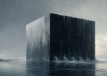 Bloco escuro monumental, semelhante a um centro de dados, erguido sobre água calma, com seis descargas de água na base e linhas de alta tensão ao fundo