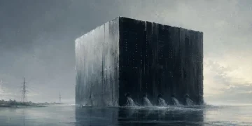 Bloco escuro monumental, semelhante a um centro de dados, erguido sobre água calma, com seis descargas de água na base e linhas de alta tensão ao fundo