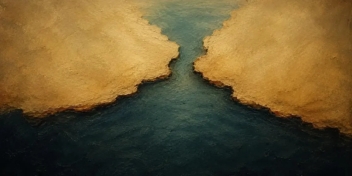 Ilustração de um canal de água escura a estreitar entre duas massas de terra em tons de ocre