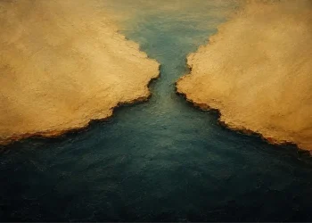 Ilustração de um canal de água escura a estreitar entre duas massas de terra em tons de ocre
