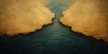 Ilustração de um canal de água escura a estreitar entre duas massas de terra em tons de ocre