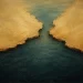 Ilustração de um canal de água escura a estreitar entre duas massas de terra em tons de ocre