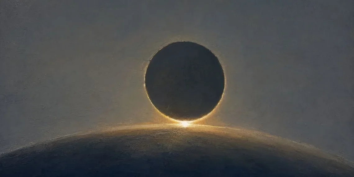 Ilustração a óleo de um eclipse do Sol, com o disco lunar escuro sobre um ponto de luz intensa no bordo inferior e um halo ténue em redor, acima de uma linha de horizonte curva
