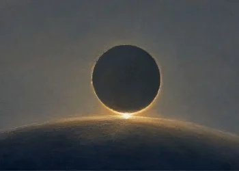 Ilustração a óleo de um eclipse do Sol, com o disco lunar escuro sobre um ponto de luz intensa no bordo inferior e um halo ténue em redor, acima de uma linha de horizonte curva