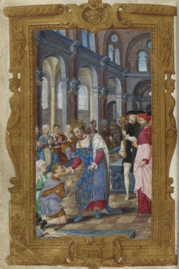 Miniatura medieval que representa a cerimónia do toque real para a cura das escrófulas
