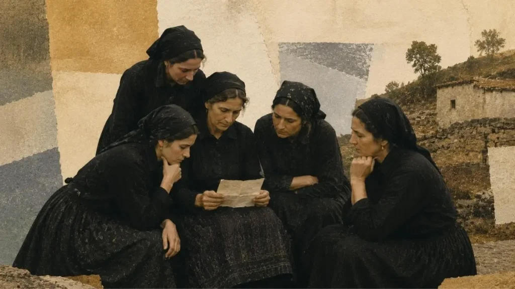Grupo de mulheres de luto a ler em conjunto uma carta numa aldeia do norte de Portugal. Viúvas de vivos