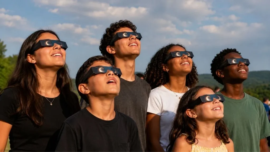 Grupo de jovens ao ar livre, de cabeça erguida, com óculos de eclipse             de cartão, e o eclipse parcial refletido nas lentes