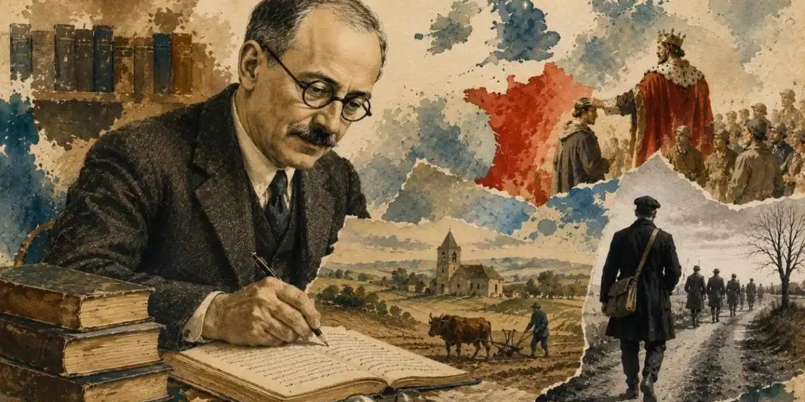 Colagem ilustrada de Marc Bloch a escrever no seu gabinete, com cenas medievais e da Resistência francesa em torno