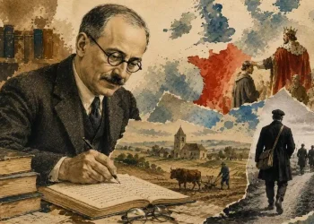 Colagem ilustrada de Marc Bloch a escrever no seu gabinete, com cenas medievais e da Resistência francesa em torno