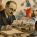 Colagem ilustrada de Marc Bloch a escrever no seu gabinete, com cenas medievais e da Resistência francesa em torno