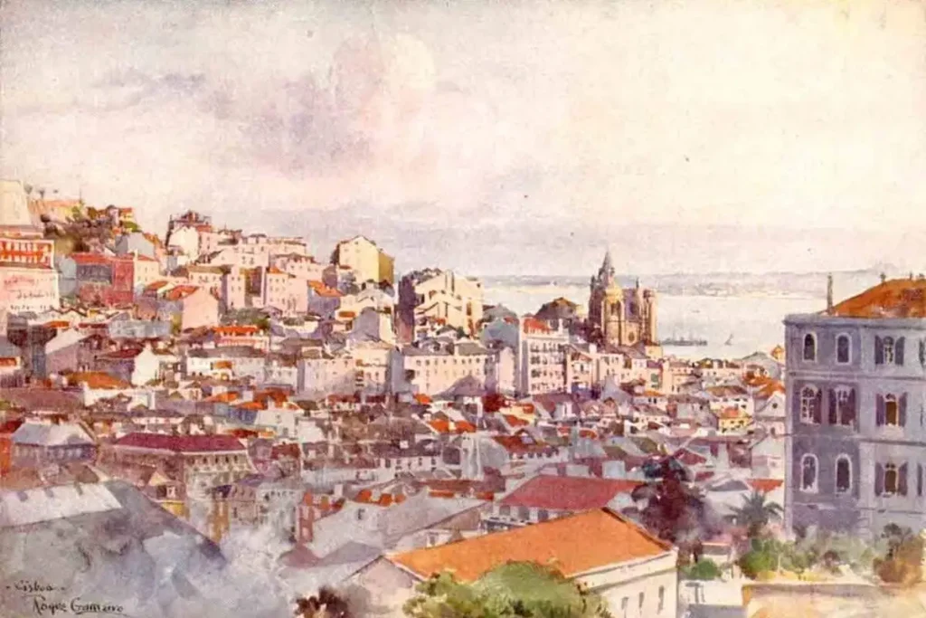 guarela de Alfredo Roque Gameiro mostrando a Baixa de Lisboa vista de São Pedro de Alcântara, entre 1910 e 1920
