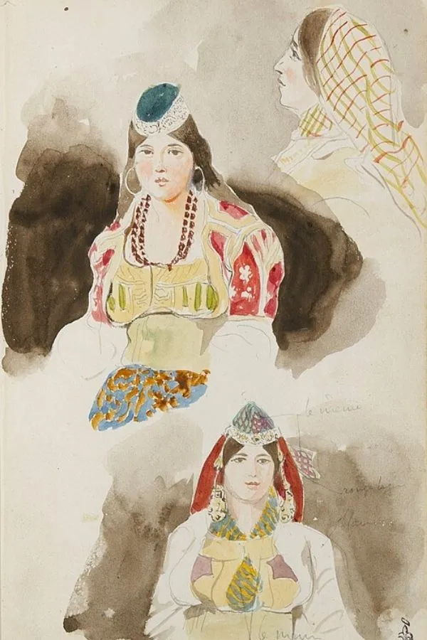 Página de um dos cadernos marroquinos de Eugène Delacroix de 1832, com estudos a aguarela e anotações manuscritas