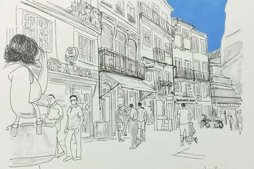 Desenho a tinta preta e apontamento de azul de uma rua no Porto com pessoas em passeio, uma mulher em primeiro plano a olhar para a fachada de uma loja chamada Arte à Vista, por Patrícia Ferreira, 2020
