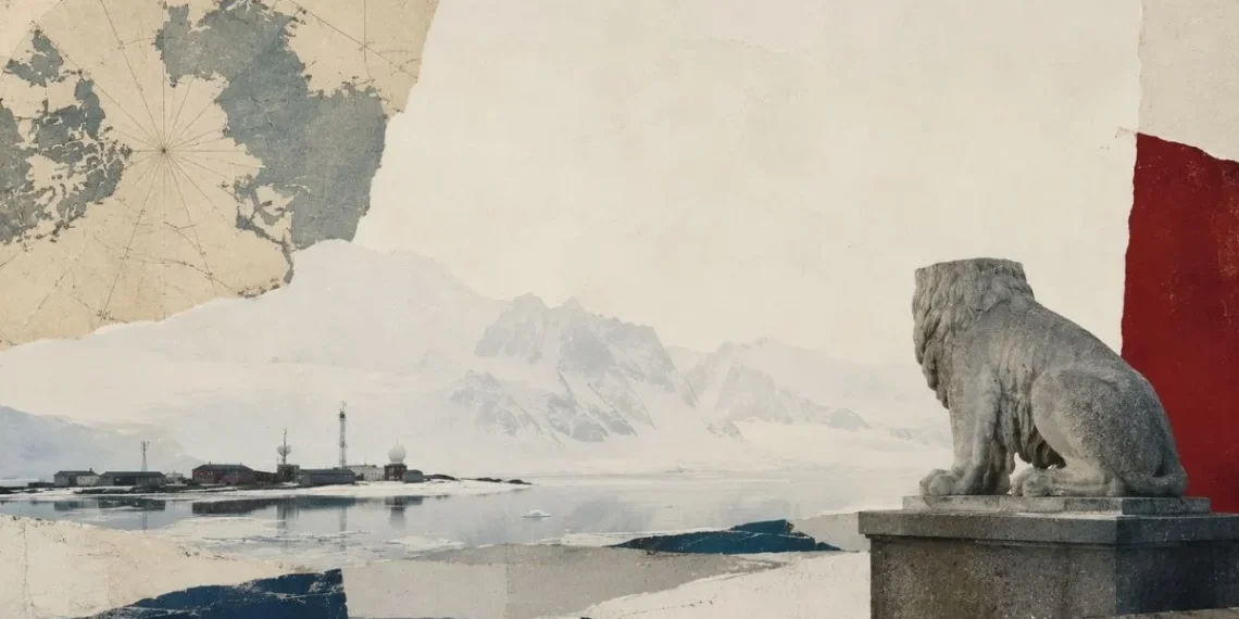 Um leão de pedra sobre um pedestal olha uma estação de investigação ártica do outro lado de um fiorde gelado, com montanhas nevadas ao fundo e um mapa polar antigo colado ao alto