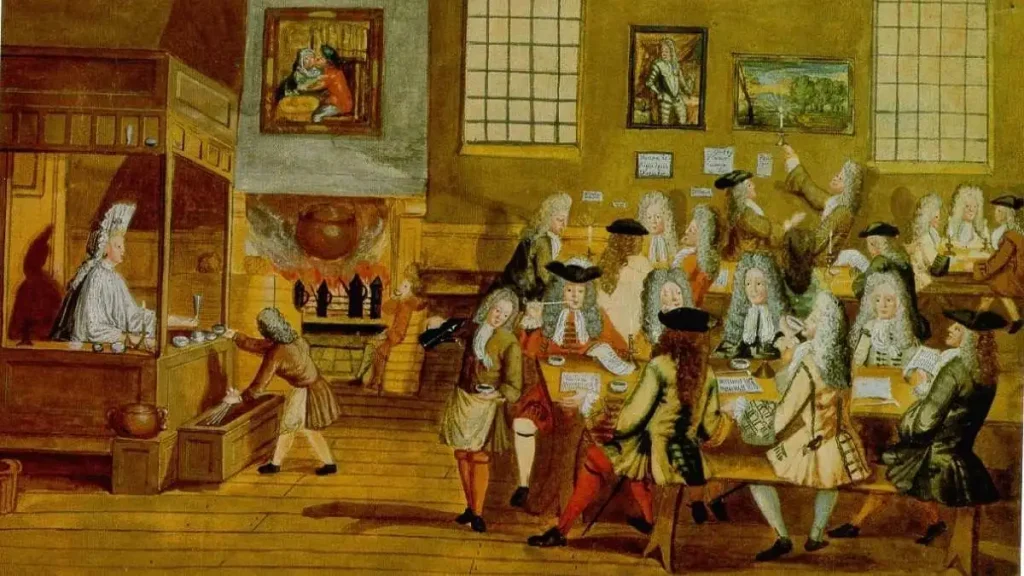 Interior de uma casa de café londrina do século XVII, com homens sentados a conversar em mesas comuns compridas