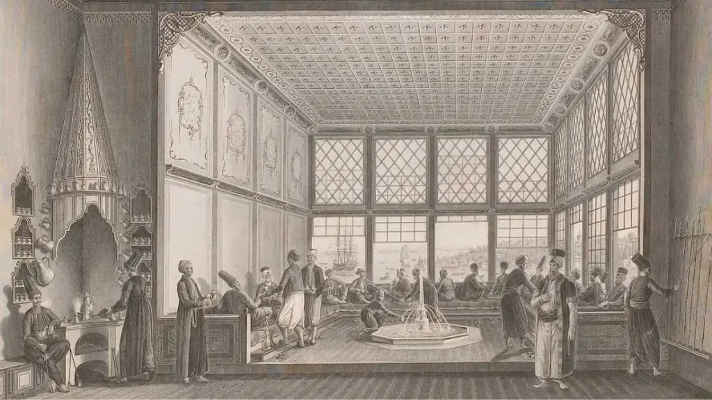 Interior de uma casa de café otomana em Constantinopla, com clientes sentados em bancos corridos, numa gravura do início do século XIX