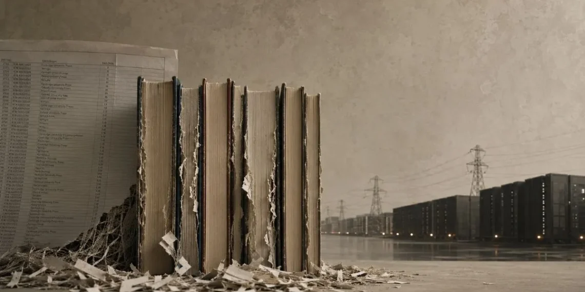 Livros com as lombadas cortadas e as páginas desfeitas, encostados a uma listagem de códigos ISBN, com linhas de alta tensão e um centro de dados ao fundo