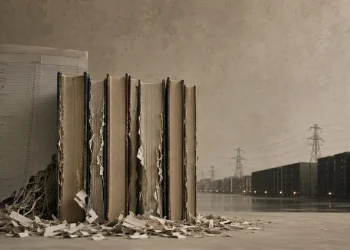 Livros com as lombadas cortadas e as páginas desfeitas, encostados a uma listagem de códigos ISBN, com linhas de alta tensão e um centro de dados ao fundo