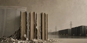 Livros com as lombadas cortadas e as páginas desfeitas, encostados a uma listagem de códigos ISBN, com linhas de alta tensão e um centro de dados ao fundo