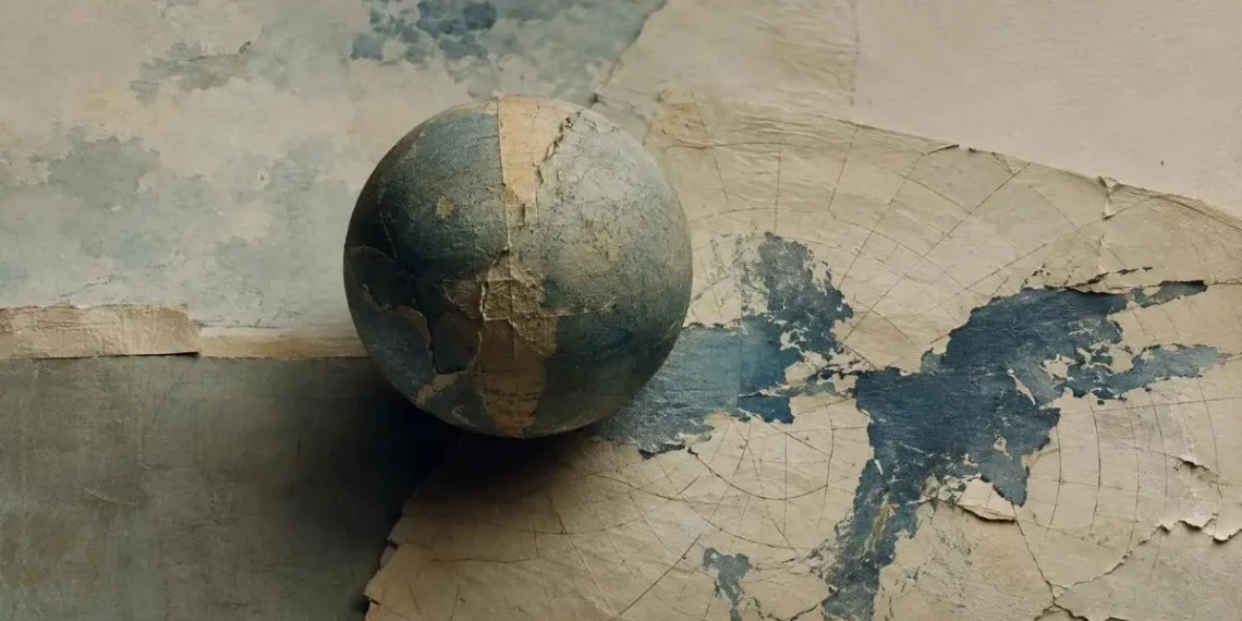Esfera texturada em azul e creme pousada sobre uma folha de papel rasgada, com arcos de grelha cartográfica e manchas azuis que sugerem massas de terra