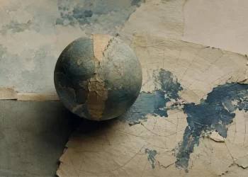 Esfera texturada em azul e creme pousada sobre uma folha de papel rasgada, com arcos de grelha cartográfica e manchas azuis que sugerem massas de terra