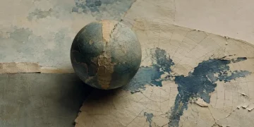 Esfera texturada em azul e creme pousada sobre uma folha de papel rasgada, com arcos de grelha cartográfica e manchas azuis que sugerem massas de terra