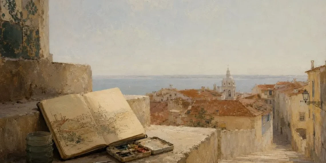 Ilustração de um caderno de viagem aberto sobre um muro de pedra em Alfama, com caixa de aguarelas, pincéis e vista dos telhados de Lisboa até à cúpula do Panteão Nacional