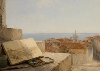 Ilustração de um caderno de viagem aberto sobre um muro de pedra em Alfama, com caixa de aguarelas, pincéis e vista dos telhados de Lisboa até à cúpula do Panteão Nacional