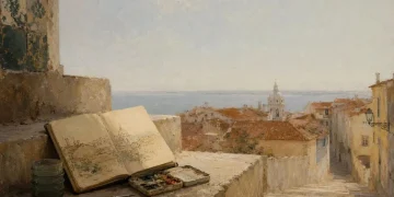 Ilustração de um caderno de viagem aberto sobre um muro de pedra em Alfama, com caixa de aguarelas, pincéis e vista dos telhados de Lisboa até à cúpula do Panteão Nacional