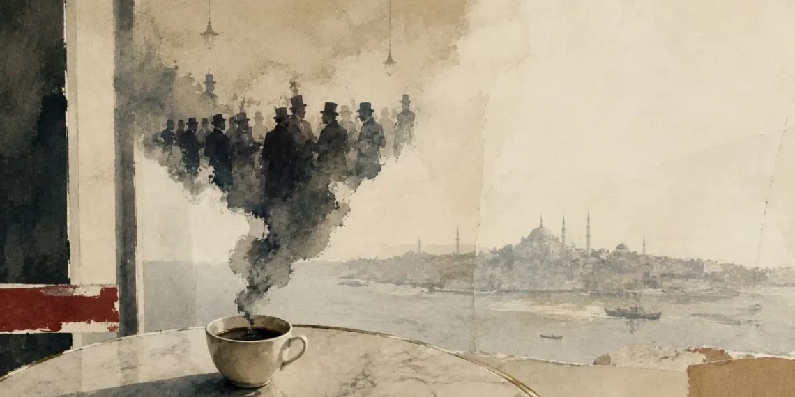 Chávena de café fumegante numa mesa de mármore, o vapor a formar uma roda de homens de cartola, com a silhueta de Istambul ao fundo