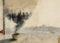Chávena de café fumegante numa mesa de mármore, o vapor a formar uma roda de homens de cartola, com a silhueta de Istambul ao fundo