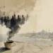 Chávena de café fumegante numa mesa de mármore, o vapor a formar uma roda de homens de cartola, com a silhueta de Istambul ao fundo